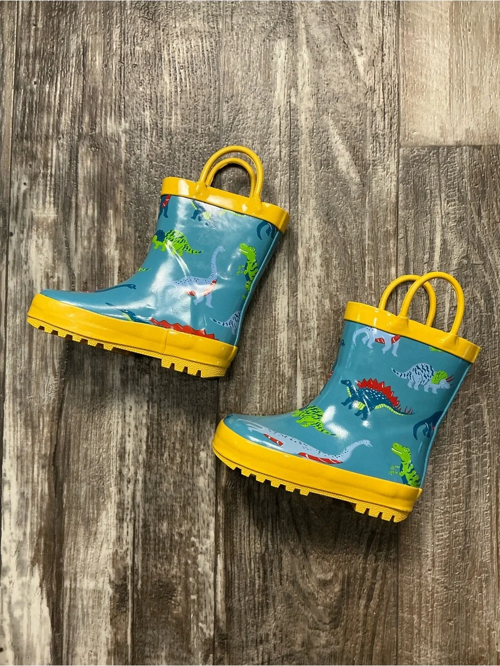 Toddler Yellow-Trim Blue Dinosaur Rain Boots Size 6